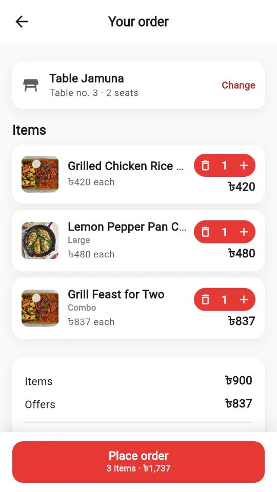 Ostisk on Android: the order review with three items and the total