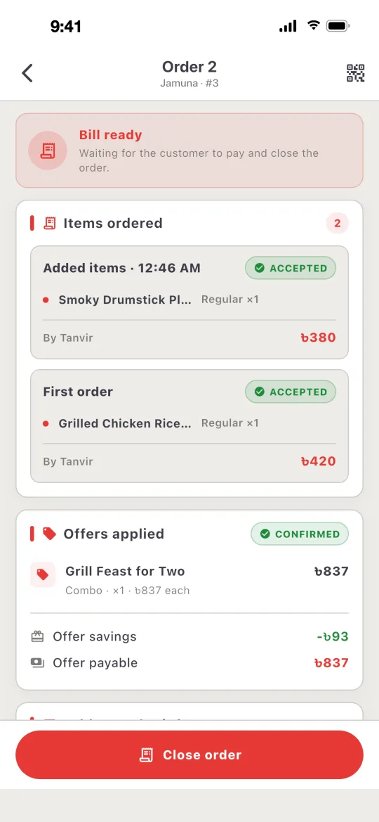 Ostisk waiter screen on iPhone: bill ready with every accepted dish and the offer
