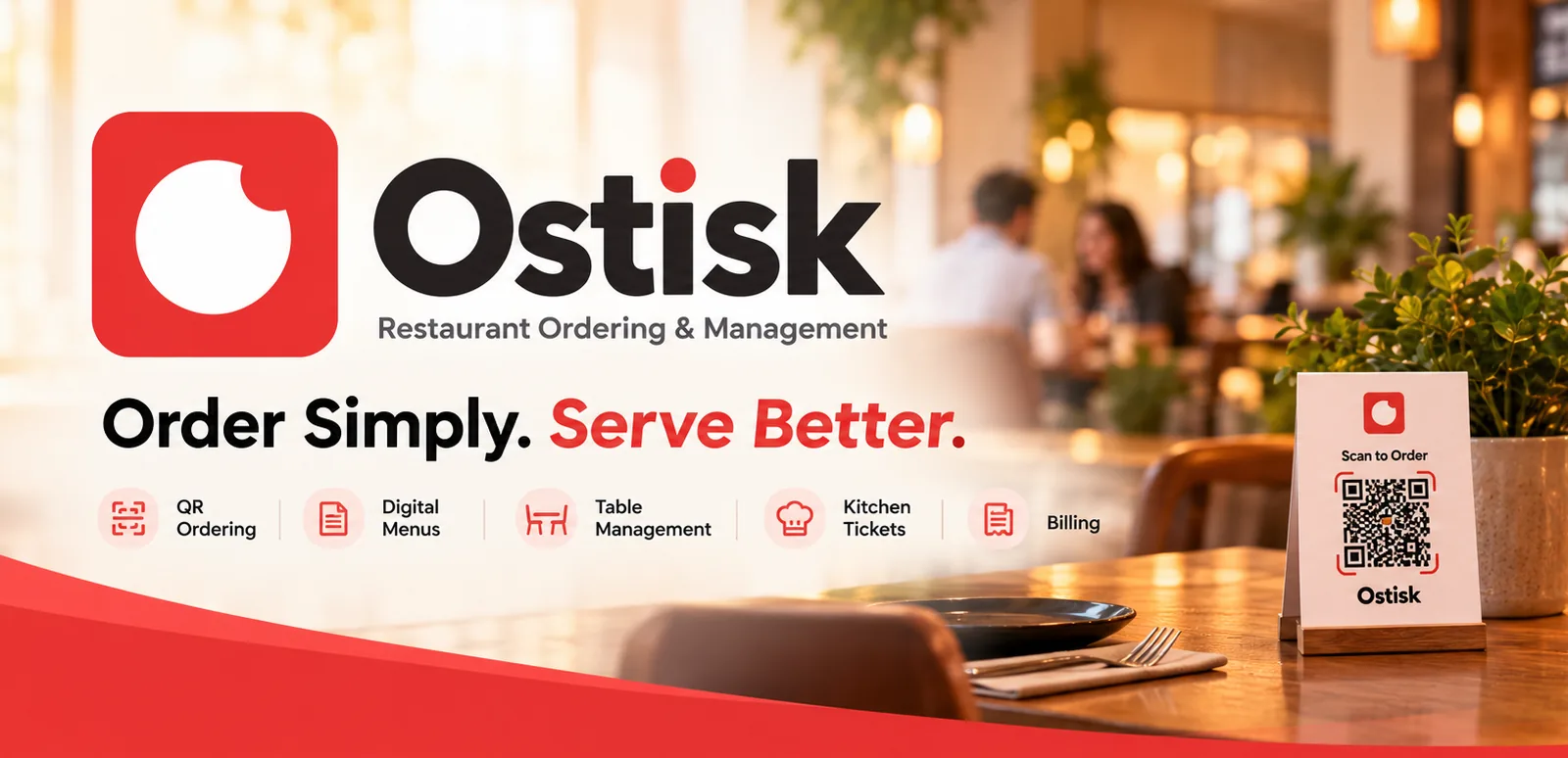 Ostisk, Restaurant Ordering & Management. Order simply, serve better: QR ordering, digital menus, table management, kitchen tickets and billing. A table in a restaurant with an Ostisk Scan to Order card.