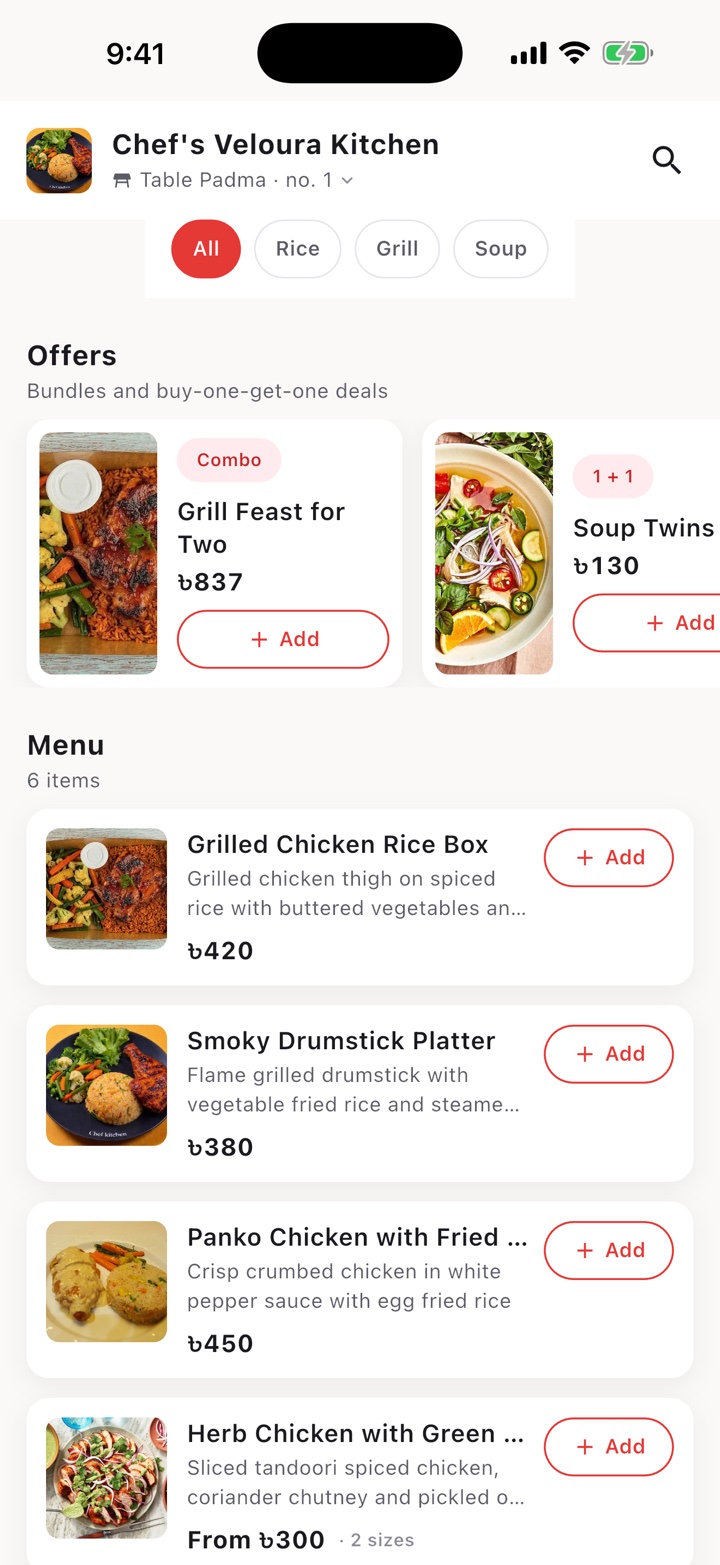 The Ostisk menu for a table: offers at the top, then dishes with prices and an Add button