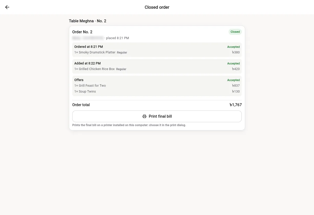 A closed order with every item, the offers and the order total, and a Print final bill button