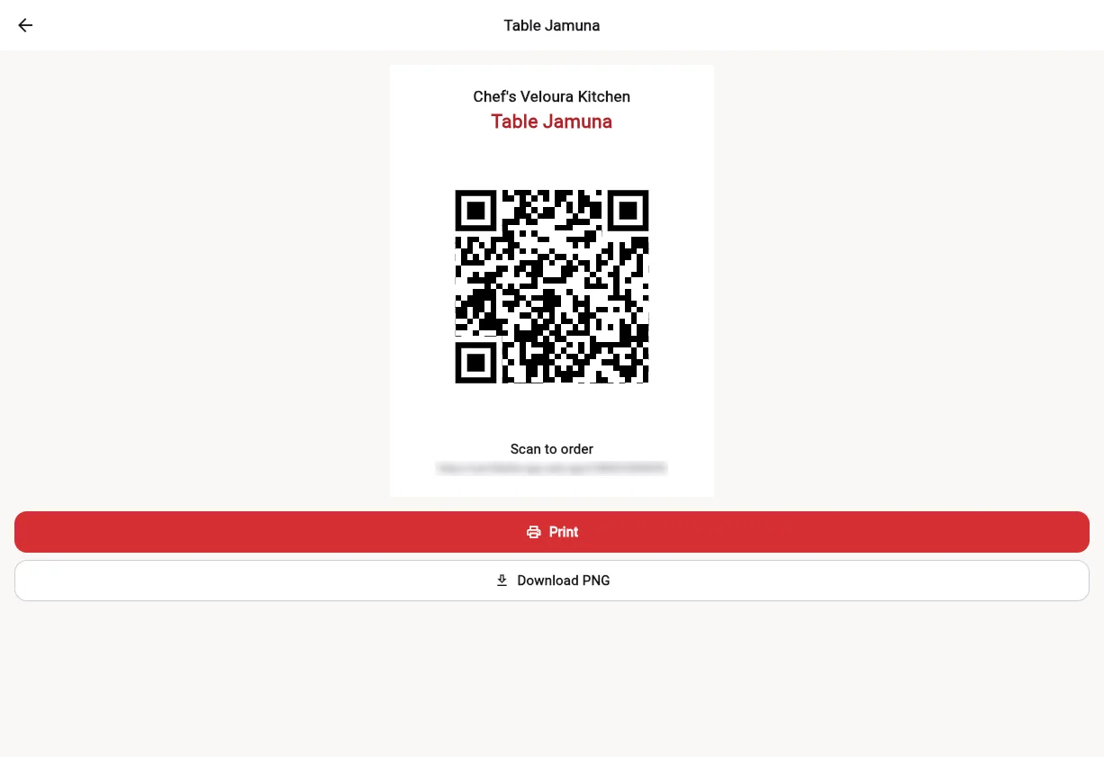 A printable QR card for table Jamuna with the restaurant name and Scan to order